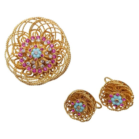 Vintage Gold-Tone Filigree Spun Wire Floral Brooch & Clip-On Earrings Set - Picture 2 of 3